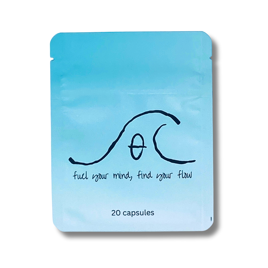 Theta Wave mushroom microdosing cap pouch – front view packaging for clarity, flow and wellness